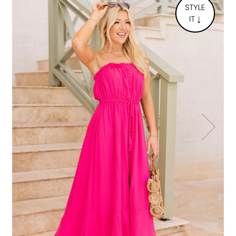 Pink lily Timeless Photo Magenta Strapless Button Detail Midi Dress